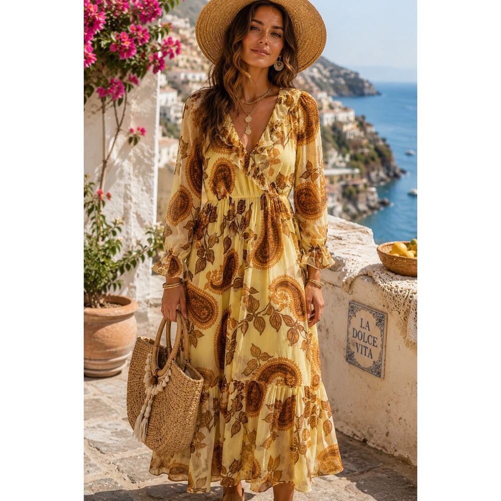 NWT Patrons of Peace Yellow Paisley Ruffle Maxi Dress M Boho Resort Cottagecore